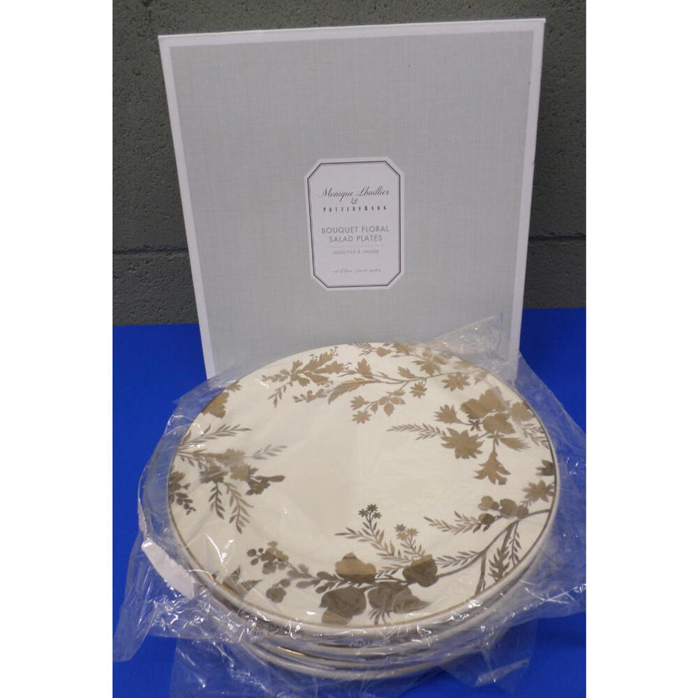 Set of 4 Monique Lhuillier POTTERY BARN Bouquet Floral Salad Plates Gold Cream